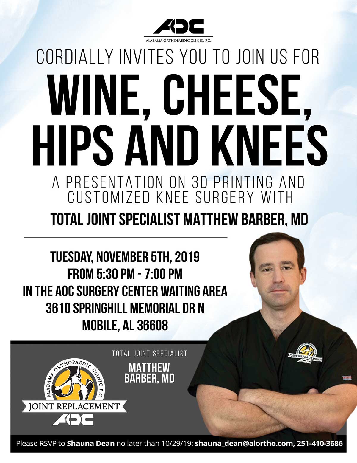 "Wine Cheese, Hips and Knees" with Dr. Matt Barber - event flyer